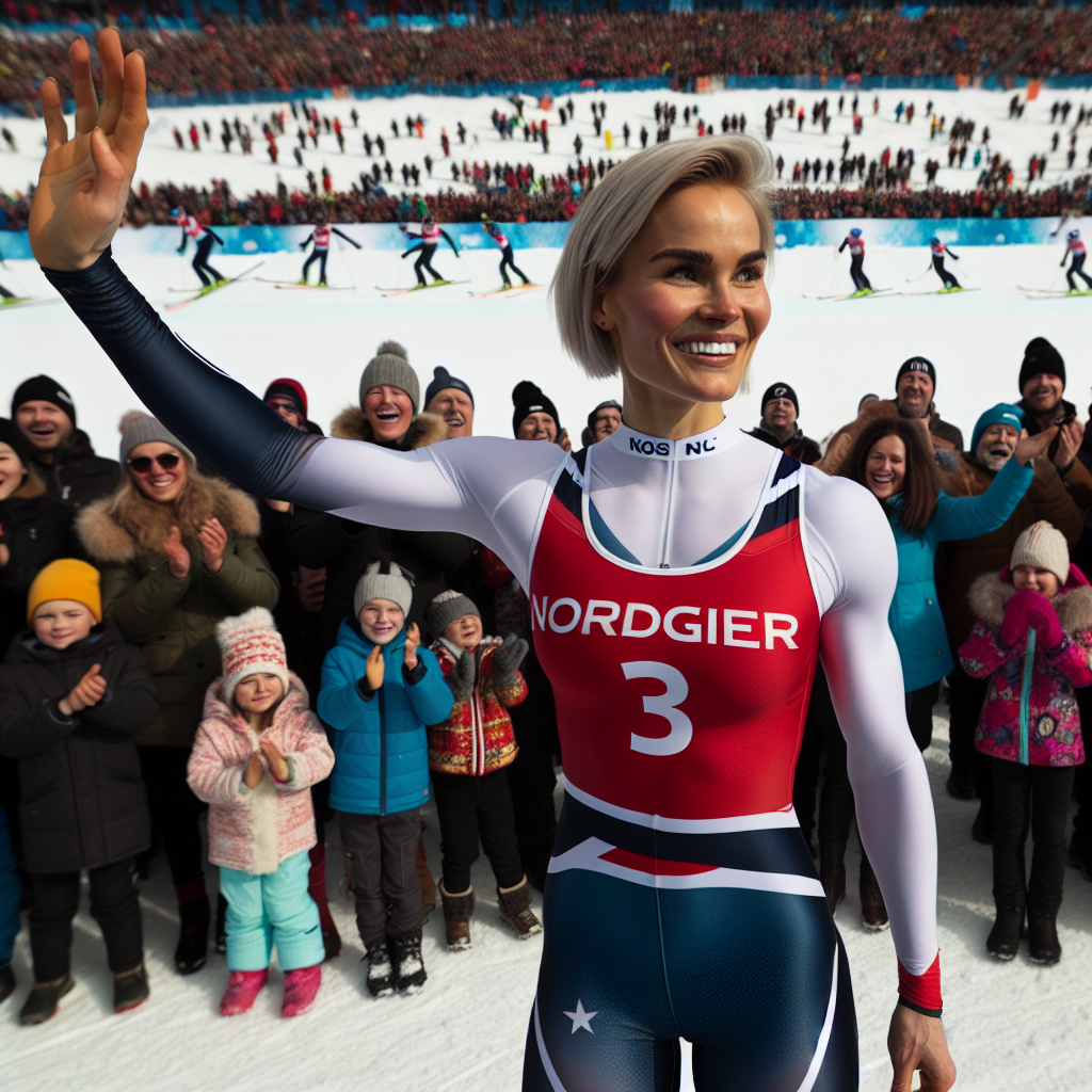 Marit Bjoergen smiling and waving to the crowd