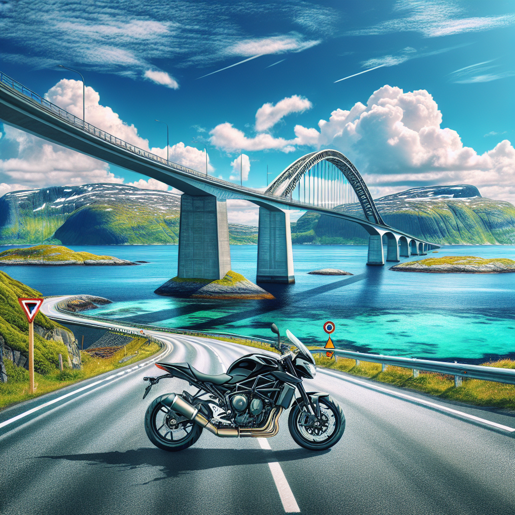 A motorcycle on the Atlantic Road with the Storseisundet Bridge in the background