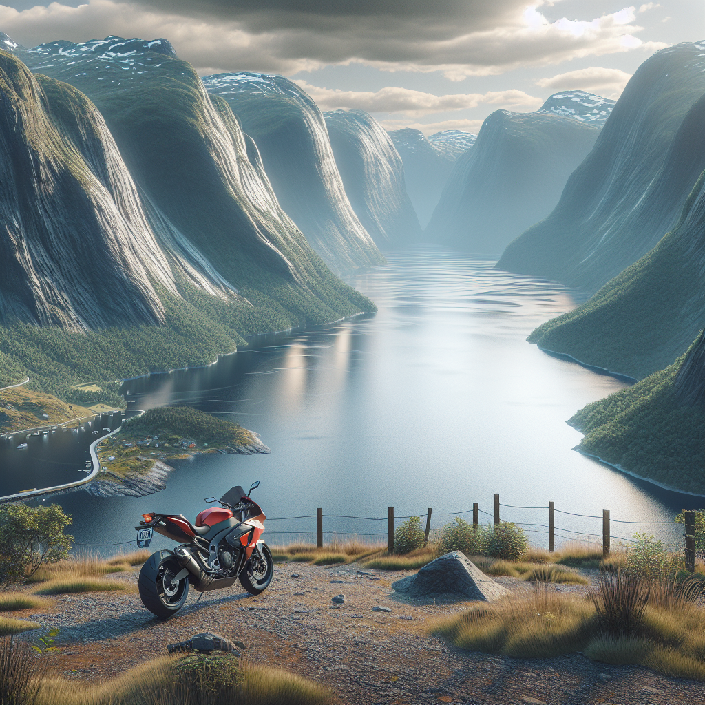 A motorcycle parked at the Flydalsjuvet viewpoint overlooking the Geirangerfjord