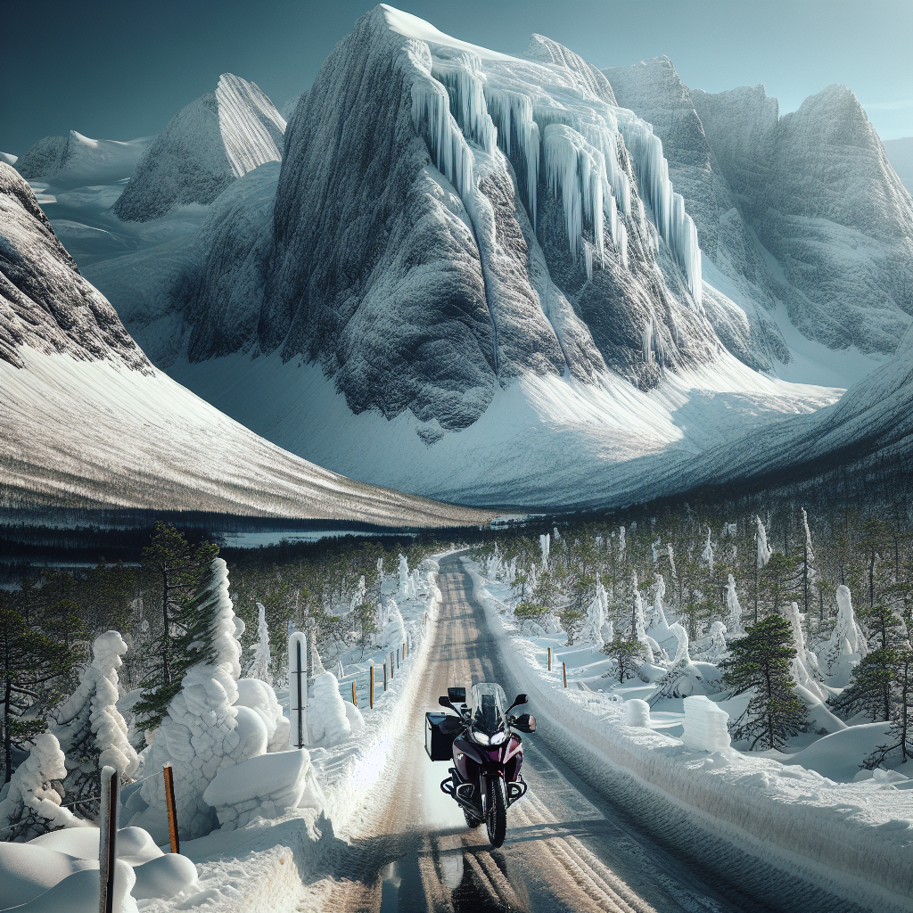 A motorcycle riding through the snow-capped peaks of the Sognefjellet route