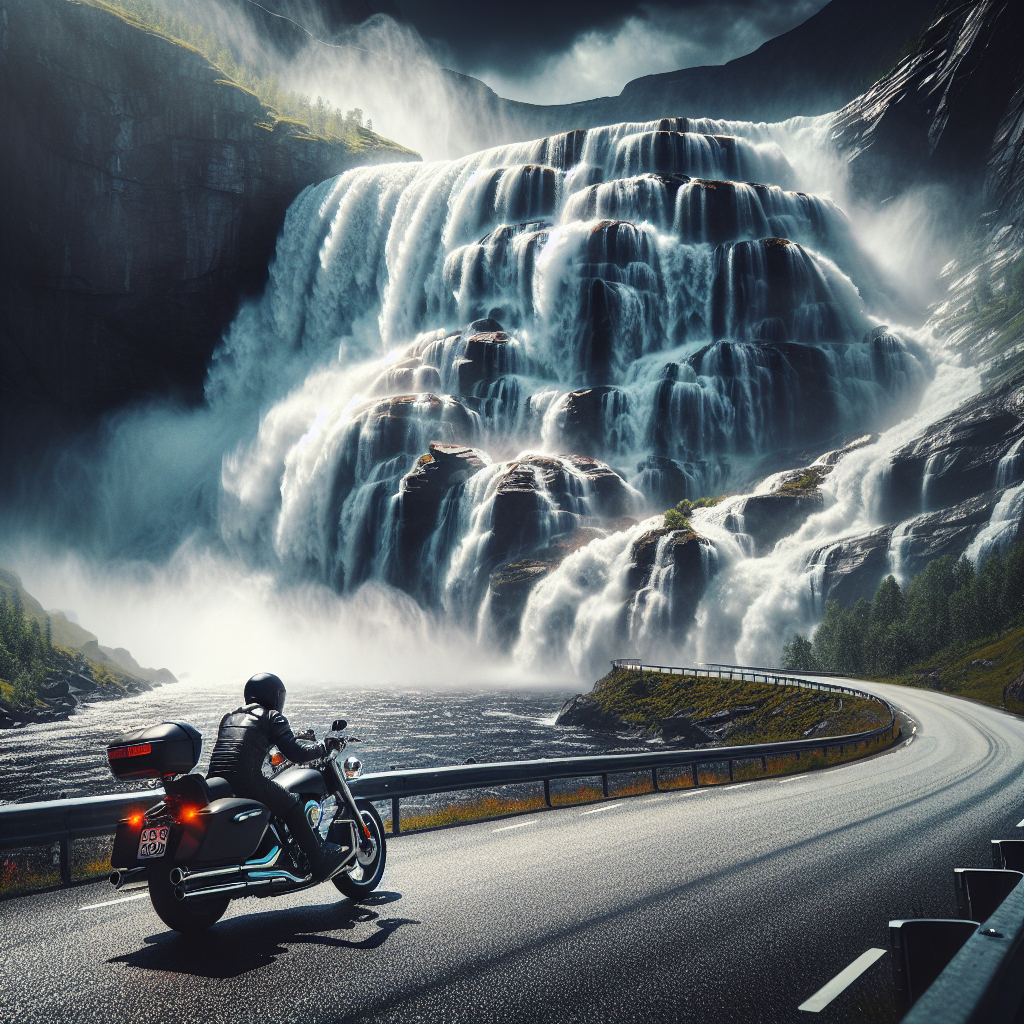 A motorcycle passing by the Vøringsfossen Waterfall