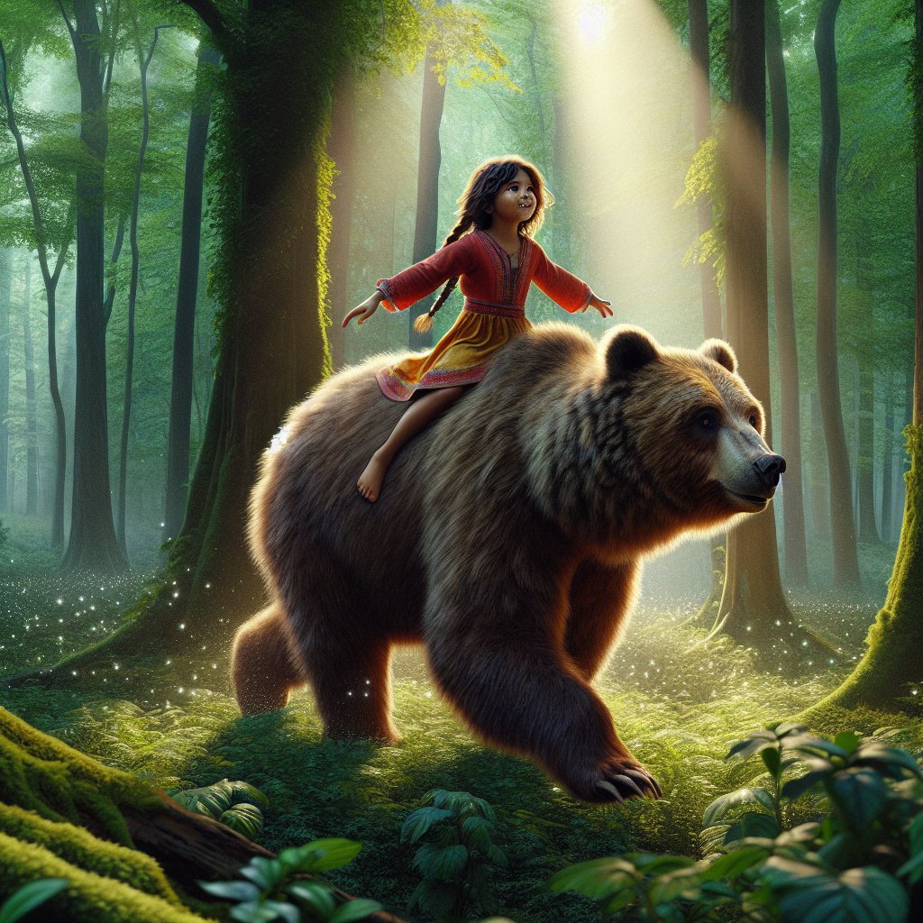 depiction of the girl riding on the back of a bear