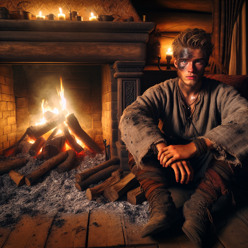 the Ash Lad sitting by a fireplace