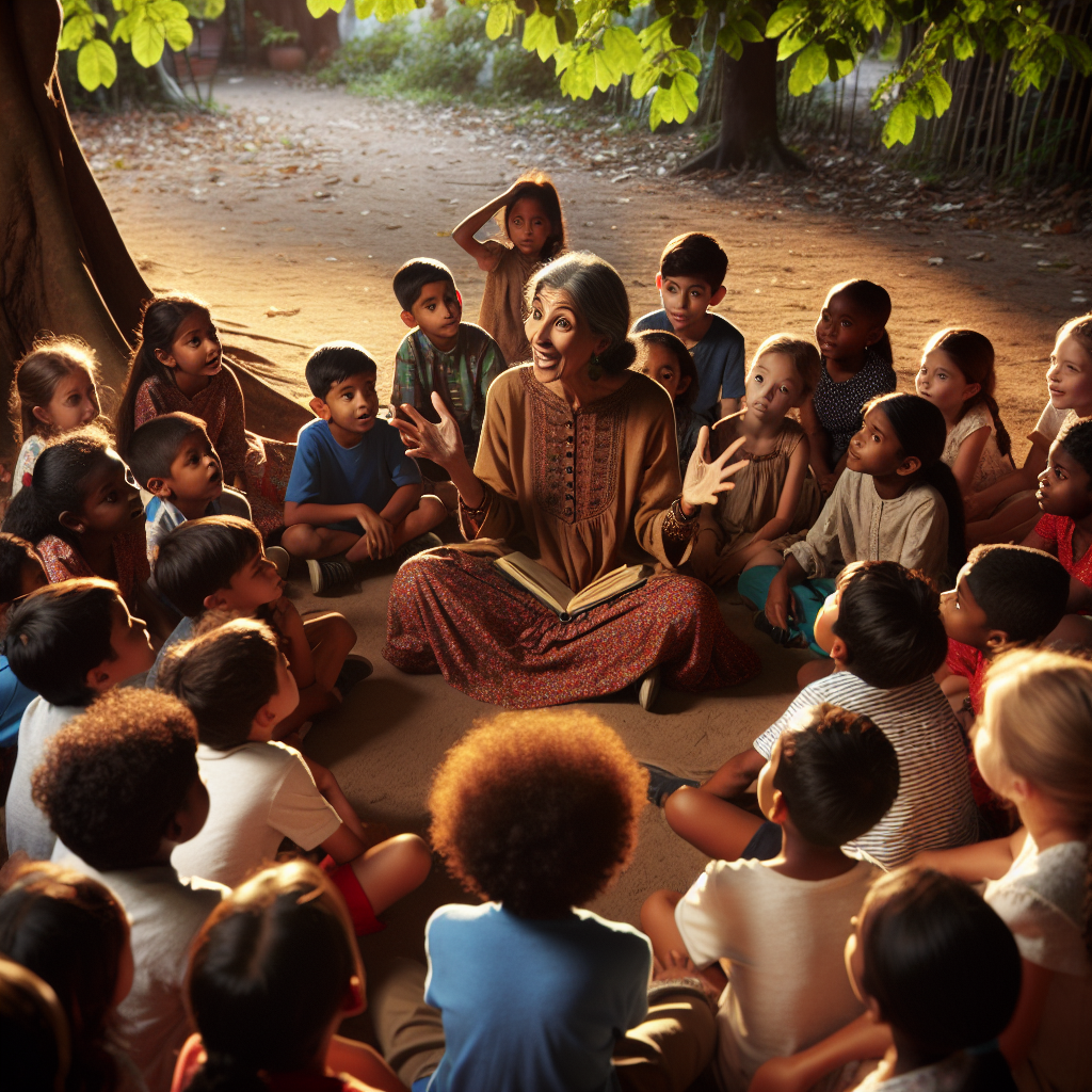 children gathered around listening to a storyteller