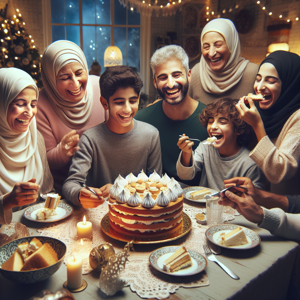 a family enjoying Kvæfjordkake during a celebration