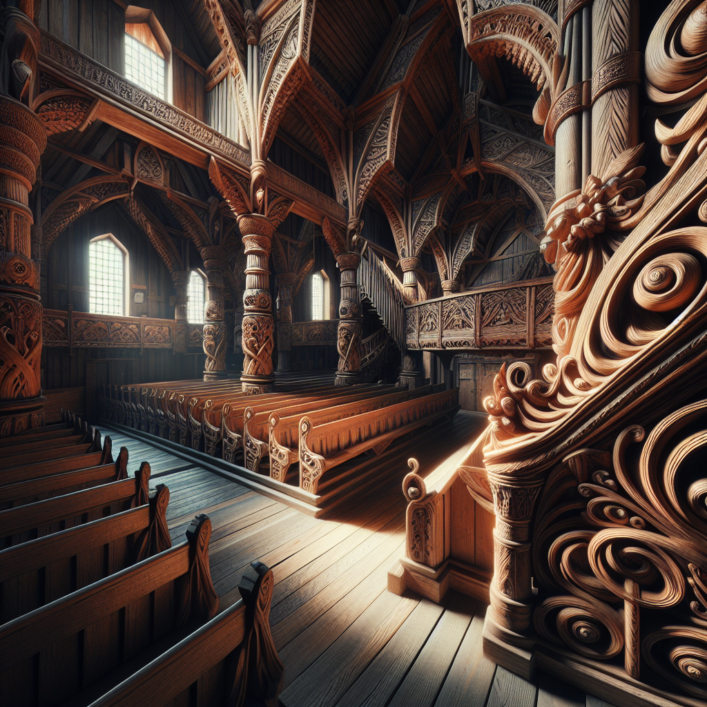 interior view of a stave church showing wooden beams and carvings