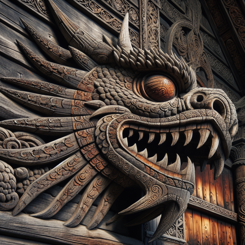 close-up of a dragon head carving on a stave church