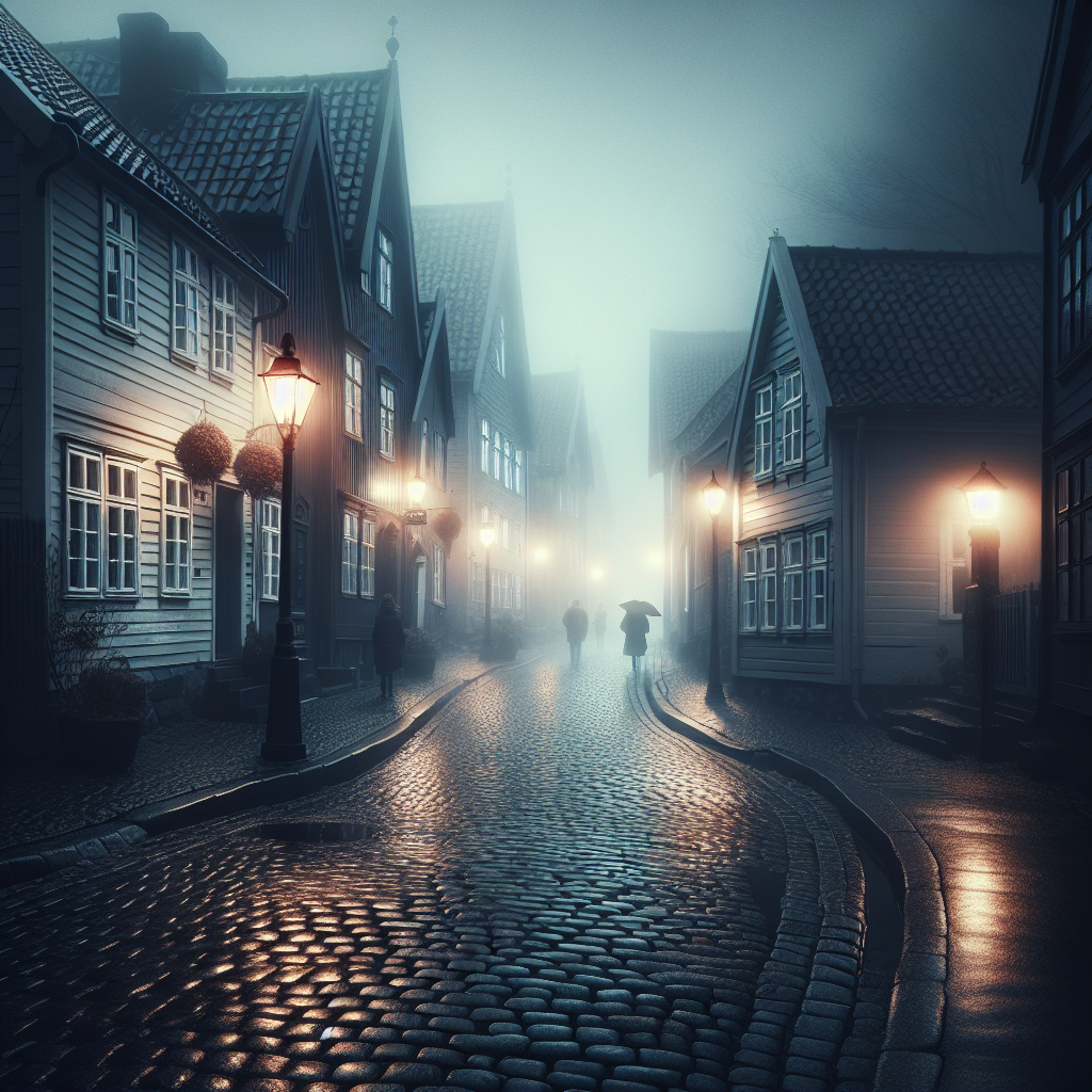 a dark, foggy Norwegian street scene